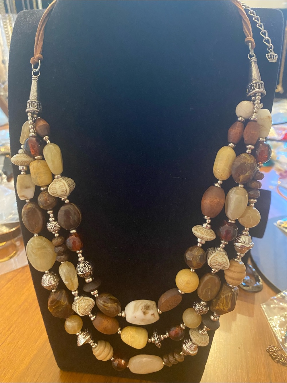 Layered Brown & Cream Beaded Necklace with Silver Accents